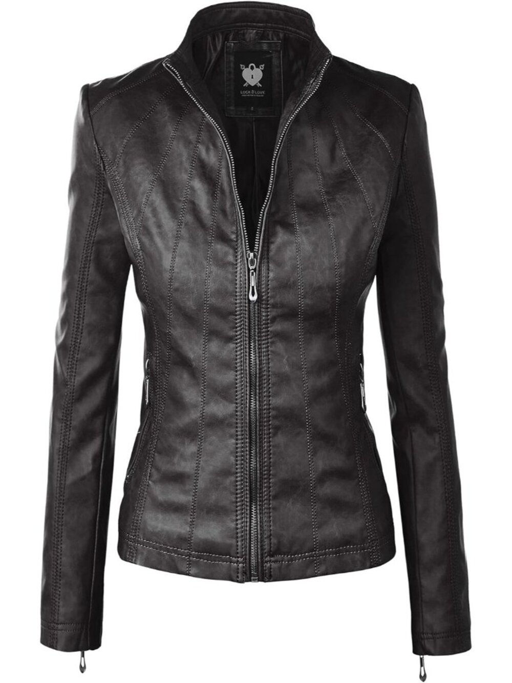 Women's Black Solid Faux Leather Slim Fit Panelled Vegan Motorcycle Jacket